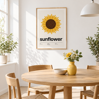 Golden sunflower with spiral seeds above a table in a sunny dining room
