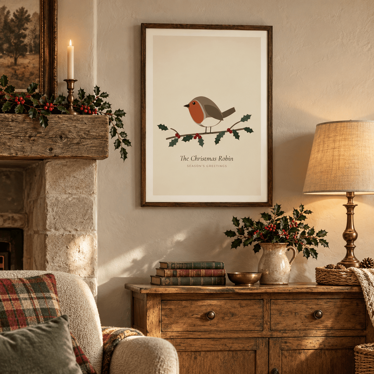 Robin and holly print on cream in a country cottage at Christmas