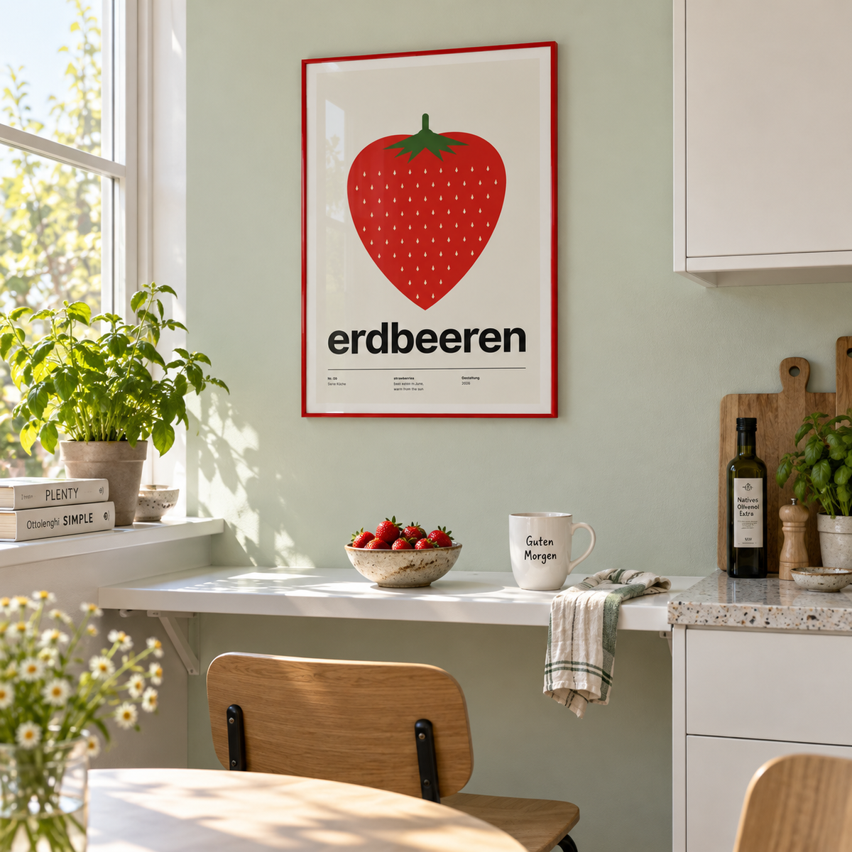 Red strawberry with leafy top print on a shelf in a breakfast against a mint wall