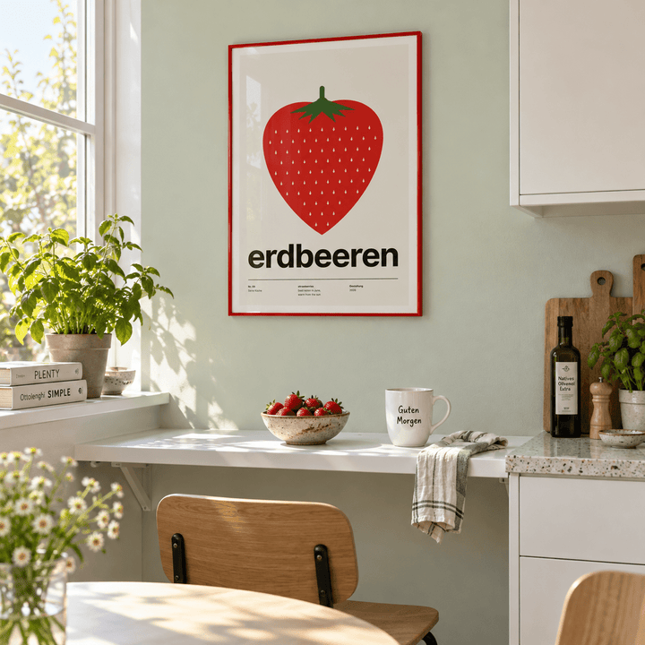 Red strawberry with leafy top print on a shelf in a breakfast against a mint wall