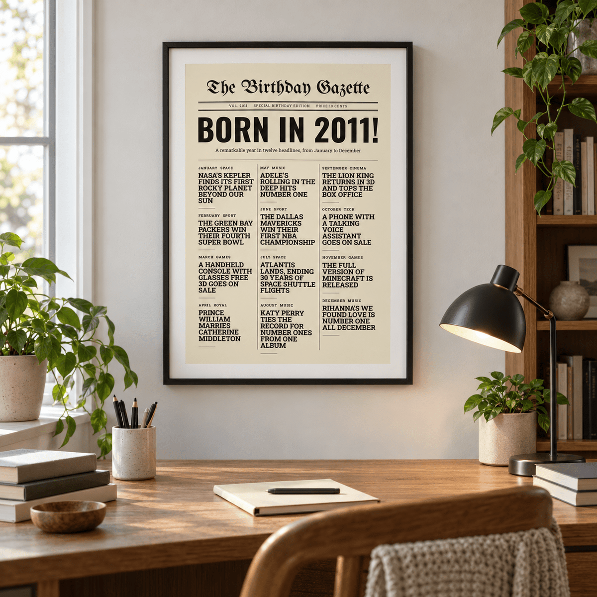 Birthday Gazette print with 2011 headlines on a wall in a lived in room