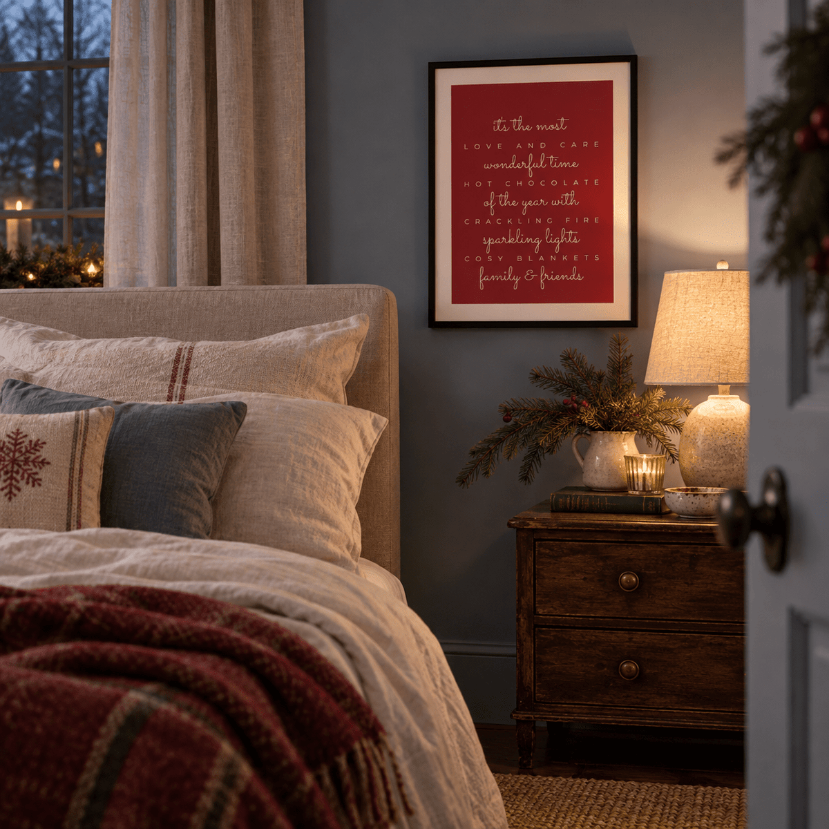 Festive red quote print in a bedroom at Christmas