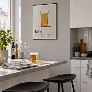 Swiss style beer glass print in a breakfast counter against a grey wall