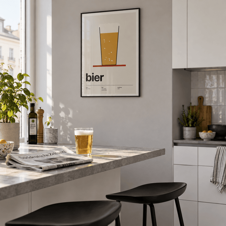Swiss style beer glass print in a breakfast counter against a grey wall