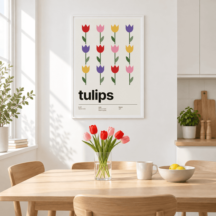 Rows of colourful tulips on the wall of a calm dining room