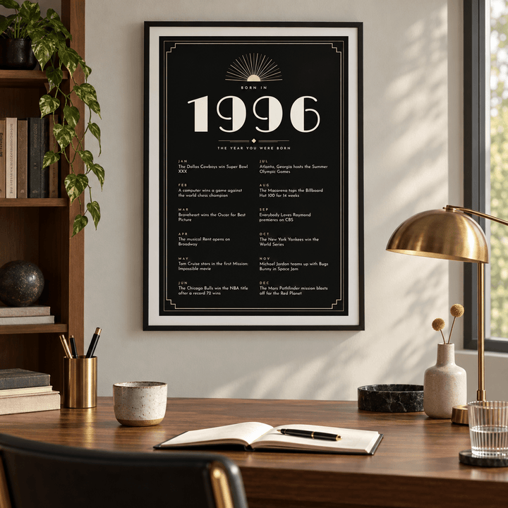 Black and champagne Art Deco 1996 print on a wall in a lived in room