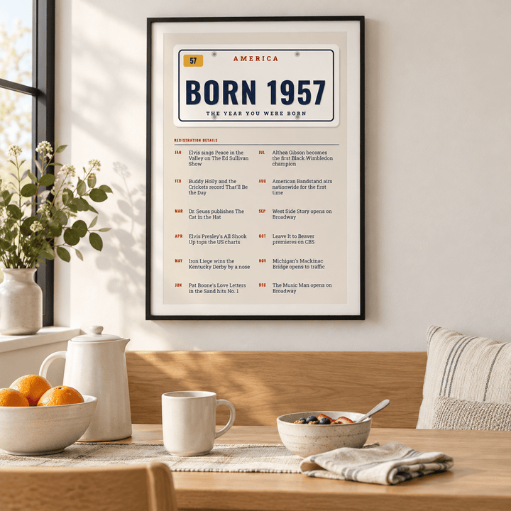 License plate print reading BORN 1957 on a wall in a lived in room