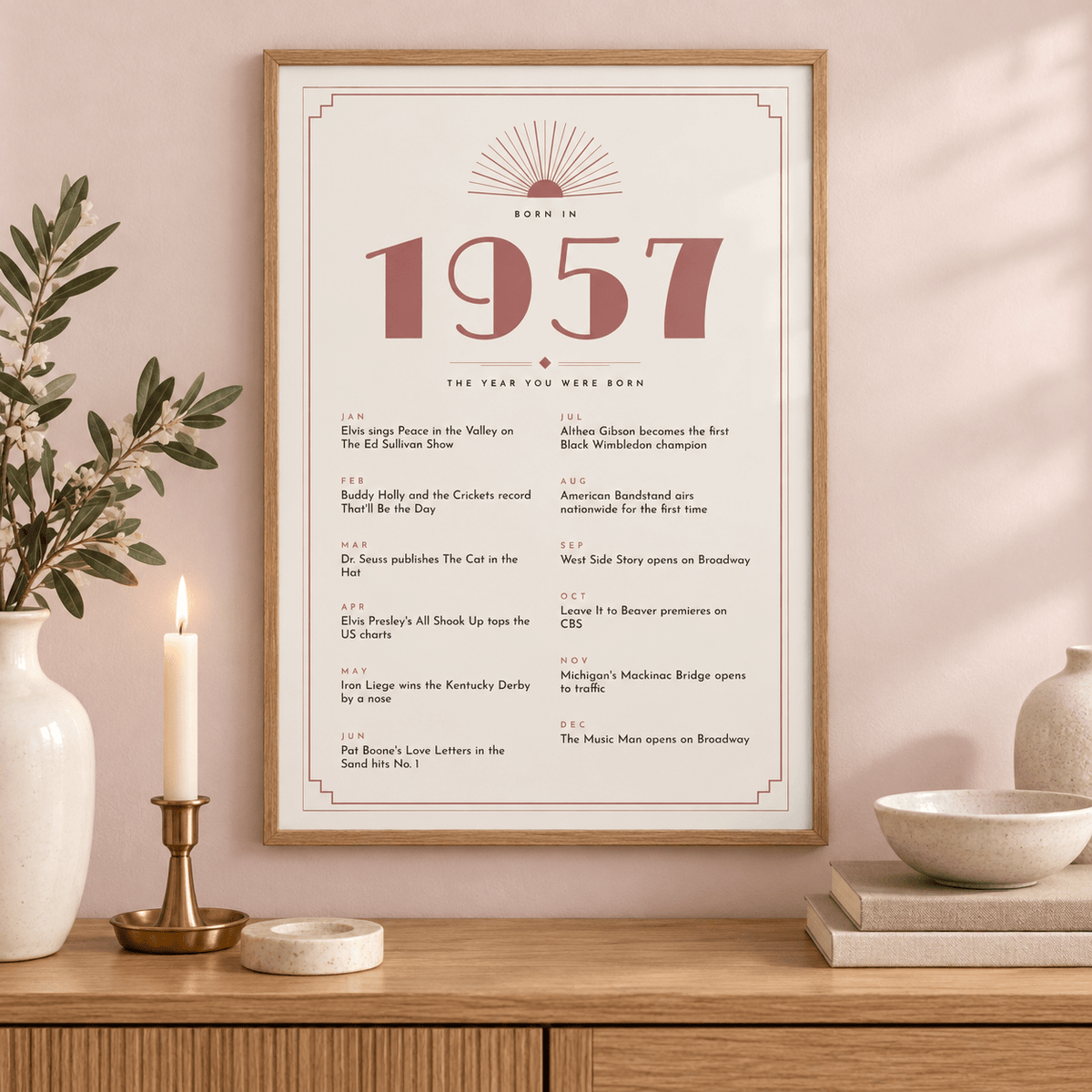 Cream and dusty rose Deco print of 1957 on a wall in a lived in room