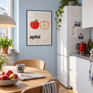 Red apple with core print in a fridge against a blue wall