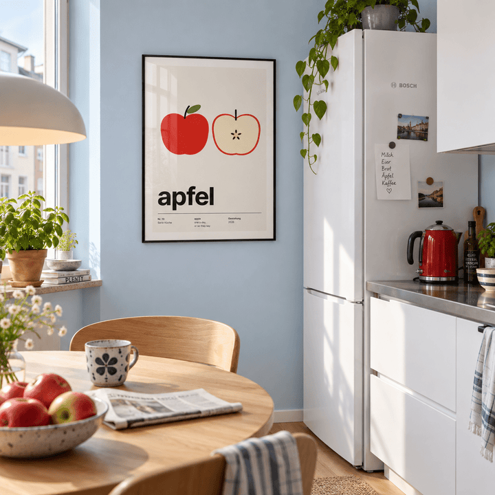 Red apple with core print in a fridge against a blue wall