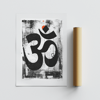 Square mockup of Om symbol print resting above wooden console