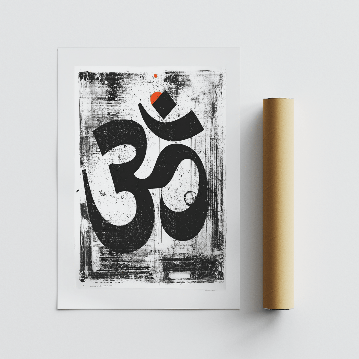 Square mockup of Om symbol print resting above wooden console