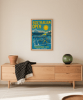 Wide view of retro tennis stadium artwork in blue and yellow