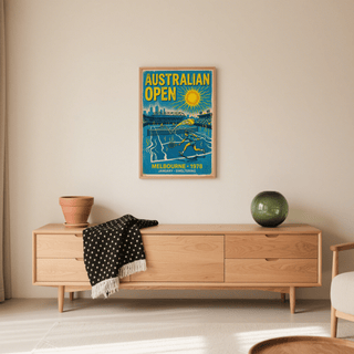 Wide view of retro tennis stadium artwork in blue and yellow