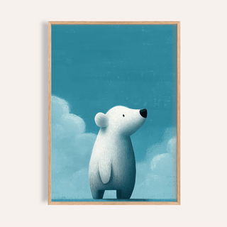 Framed cute polar bear print with blue sky and cloud background