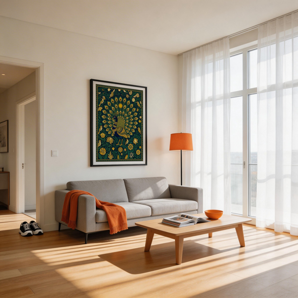 Vintage style bird illustration showcasing peacock in garden scene