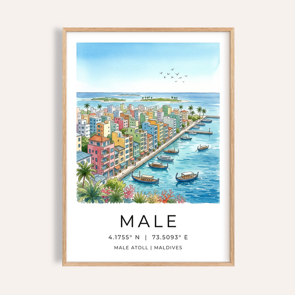 Illustrated Malé waterfront poster with boats and city skyline wall art