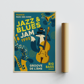 Saxophone outline and swirling staff elements on retro music artwork