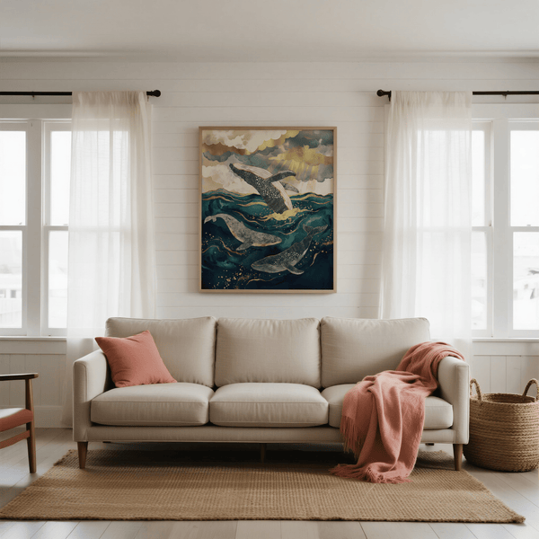 Stunning Ocean Art Print with Blue and Gold tones for contemporary space