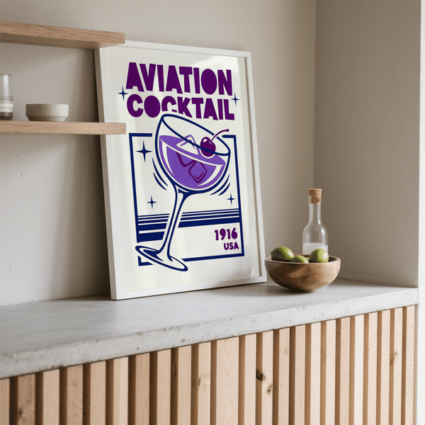 Aviation Cocktail Print highlighting Purple and Blue colors for home bar