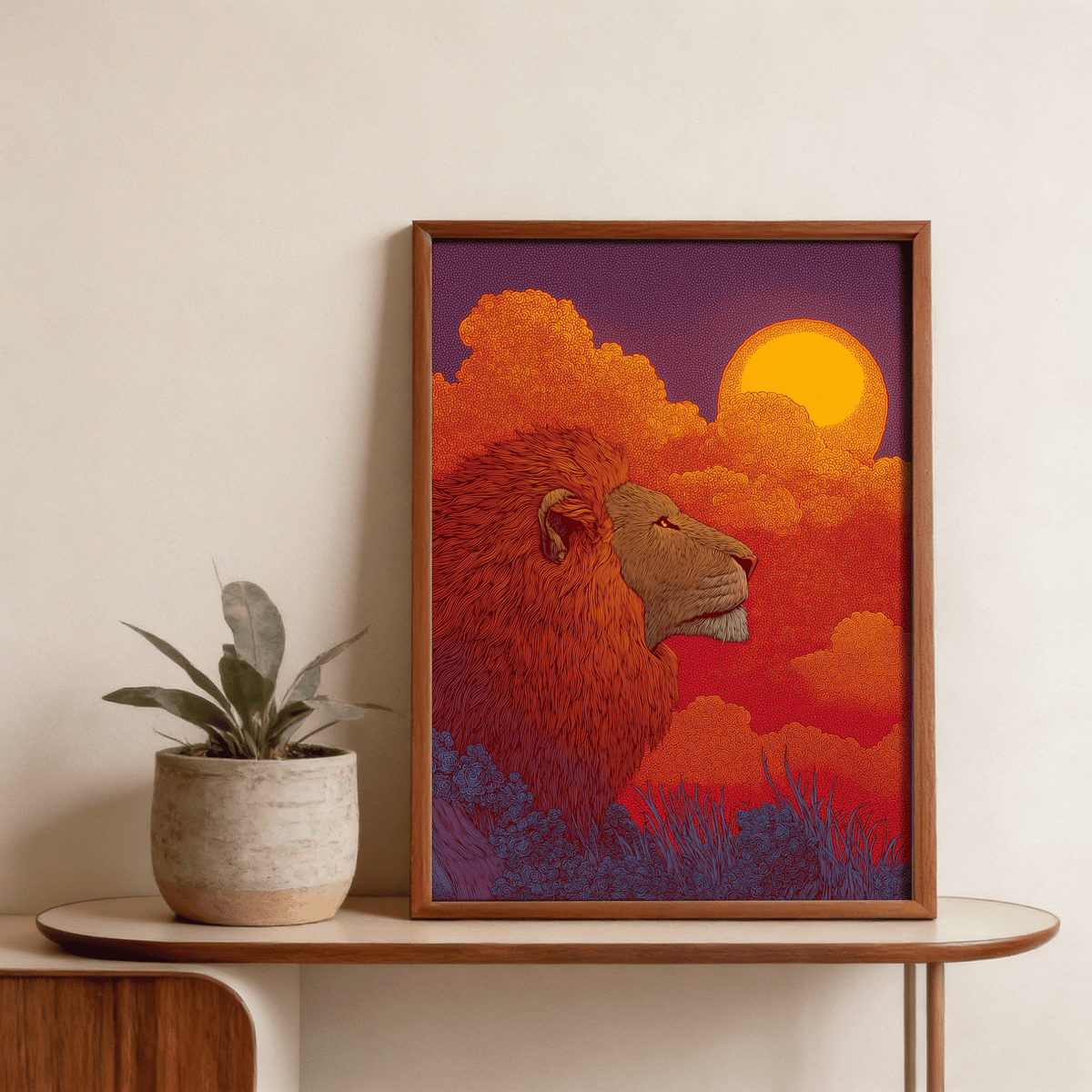 Graphic animal poster of a lion in side profile beneath a round sun