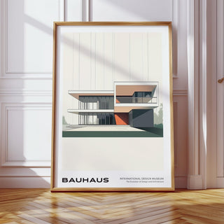 Bauhaus architecture poster of a modern glass house with red wall.