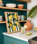 Lemon Painting print with a fresh botanical design on a striped backdrop.