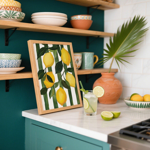 Lemon Painting print with a fresh botanical design on a striped backdrop.
