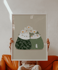 White cats with greenery on Illustrated Cat Wall Art for living room