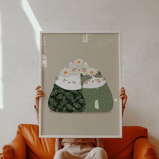 White cats with greenery on Illustrated Cat Wall Art for living room