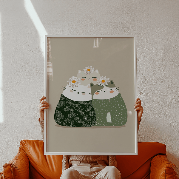 White cats with greenery on Illustrated Cat Wall Art for living room
