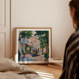 Artistic holiday prints of Bangkok with leafy alley and tuk-tuk

