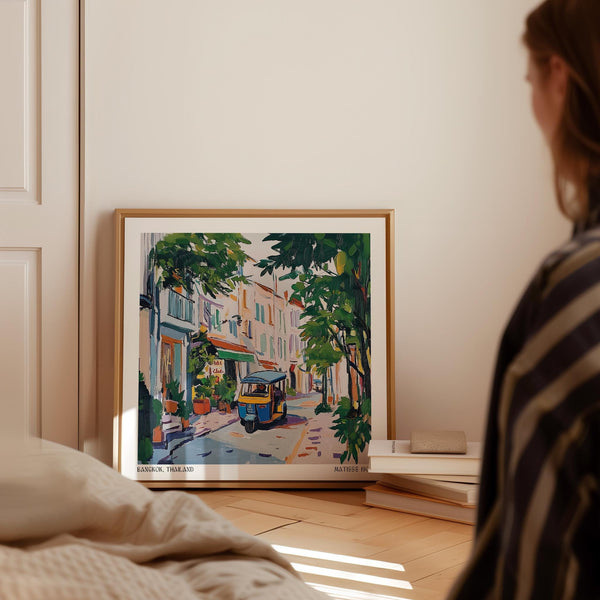 Artistic holiday prints of Bangkok with leafy alley and tuk-tuk

