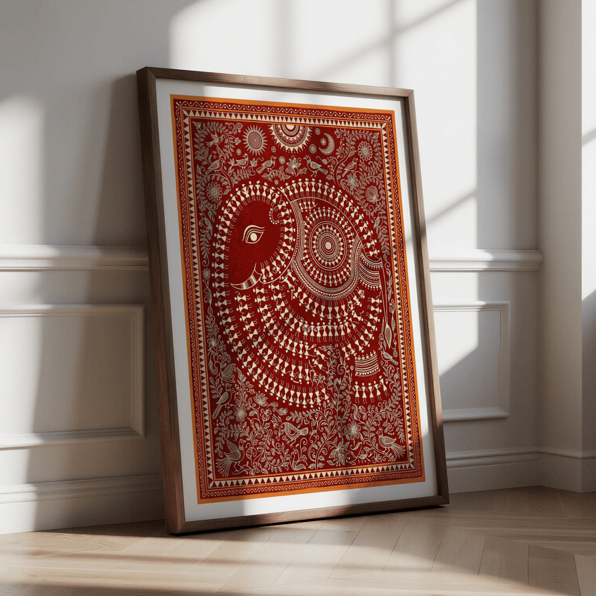 Traditional-style elephant wall art poster with dense floral vine border, Indian Folk Art Poster
