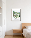 Ski town art print capturing pine lined path toward snowy summit