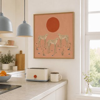Minimal cheetah poster showing three spotted cats under a large sun