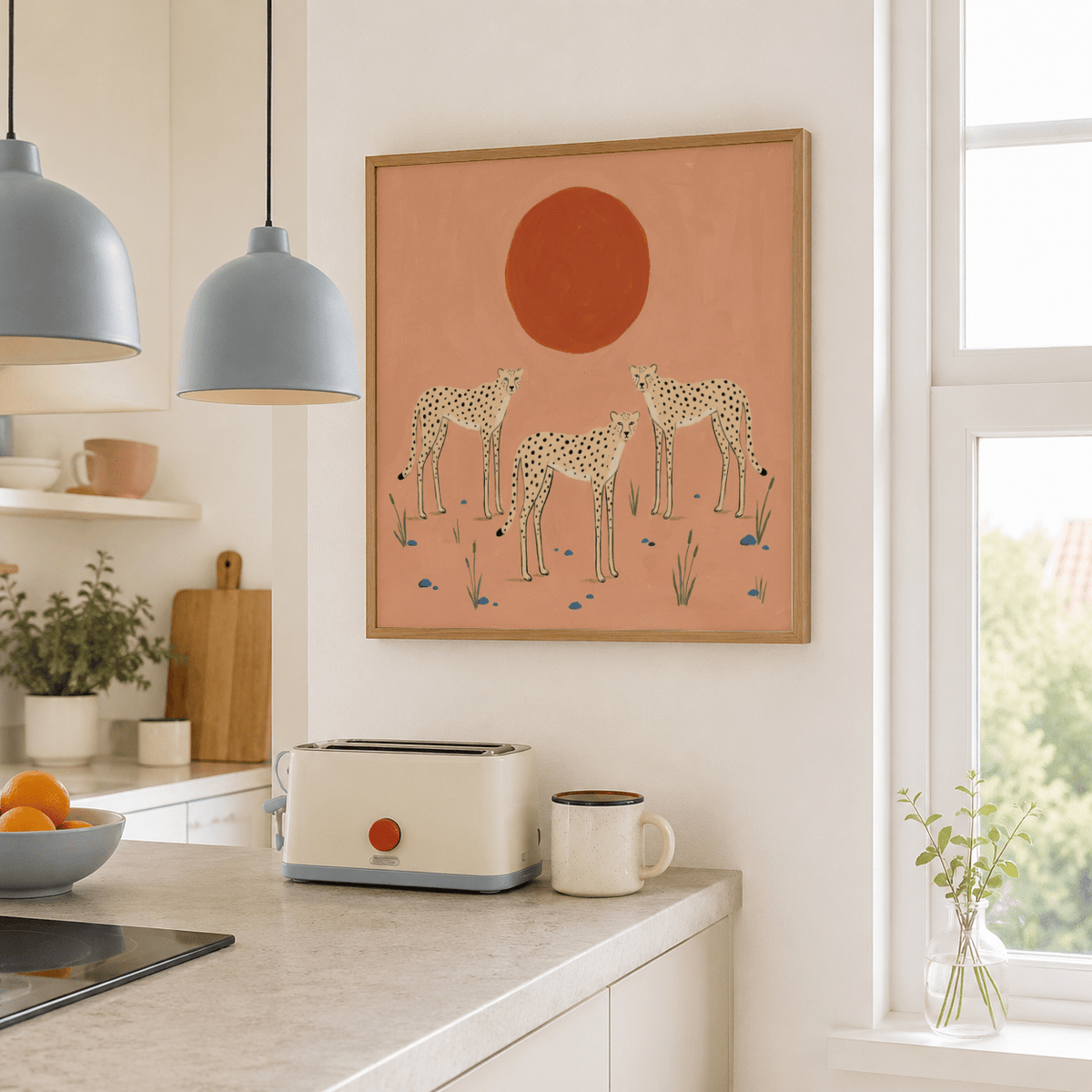 Minimal cheetah poster showing three spotted cats under a large sun