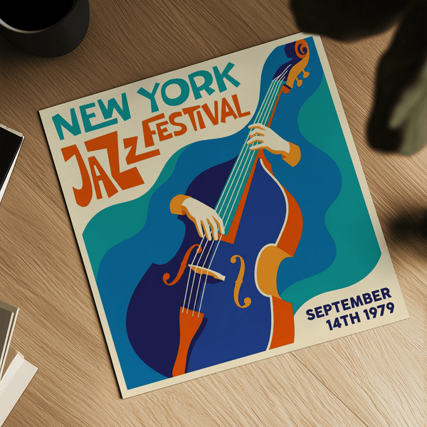 Retro New York Jazz Festival Art Print in Blue and Orange accents for hallway art print