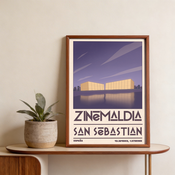 Stylized coastal architecture wall art print with long cloud shapes and skyline silhouette