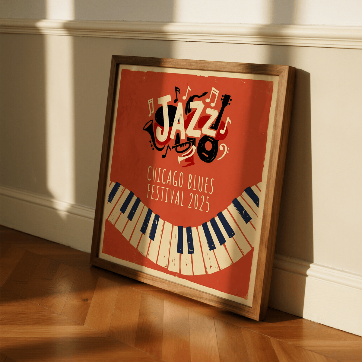 Vintage-style music festival poster print with JAZZ lettering and curved keyboard motif