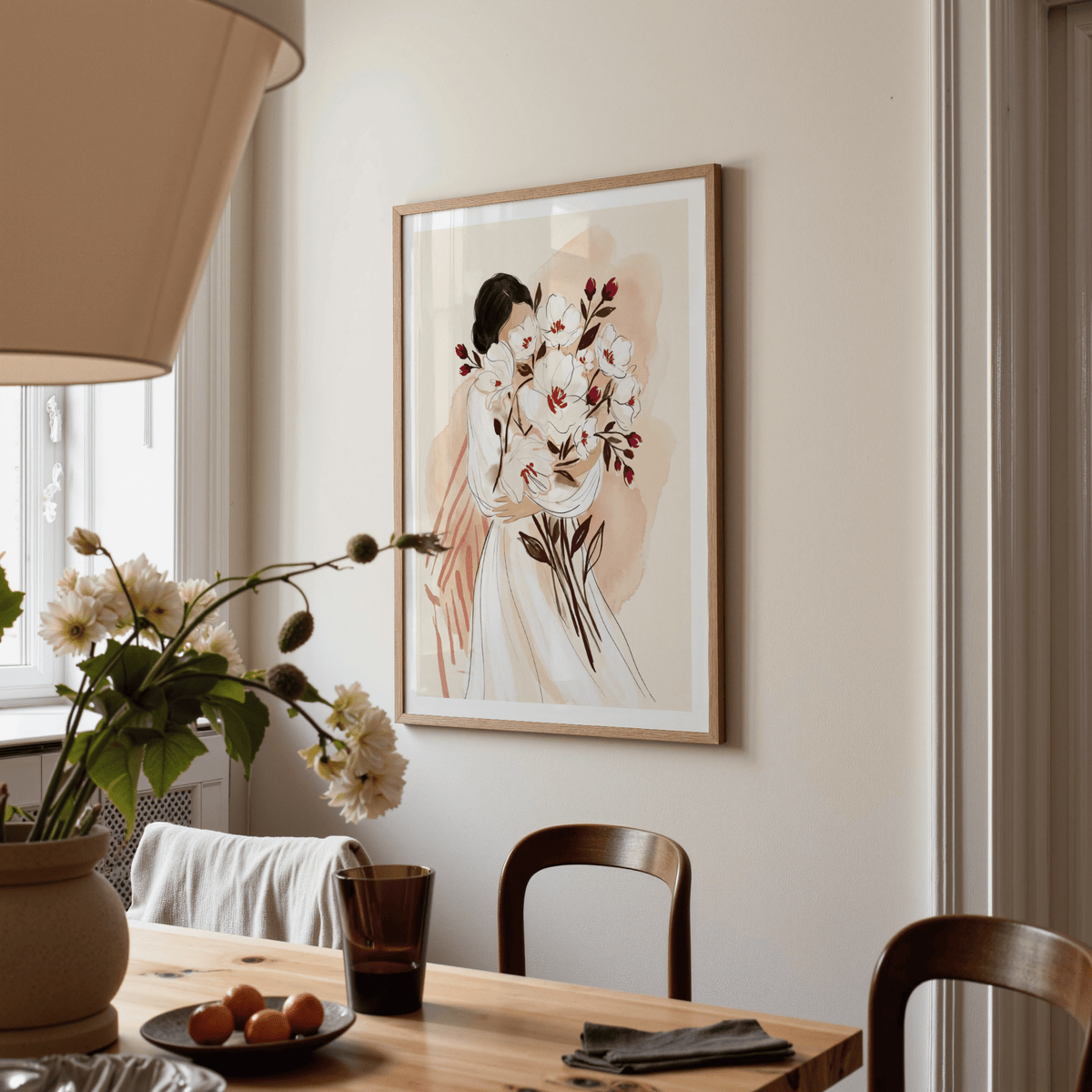 Stylized figure silhouette accented by large blooms