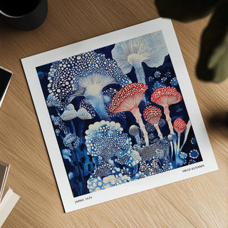 Detailed Japanese poster with layered blue mushrooms and bold red accents.