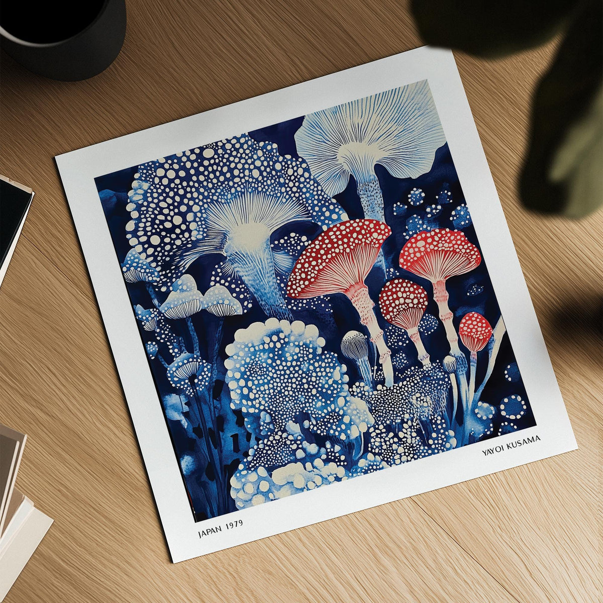 Detailed Japanese poster with layered blue mushrooms and bold red accents.