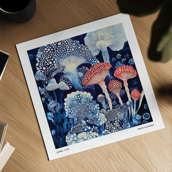 Detailed Japanese poster with layered blue mushrooms and bold red accents.