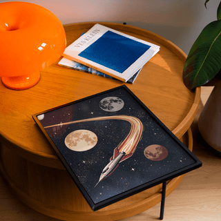 Space Themed Wall Art with Red rocket and Beige moons for hallway wall art