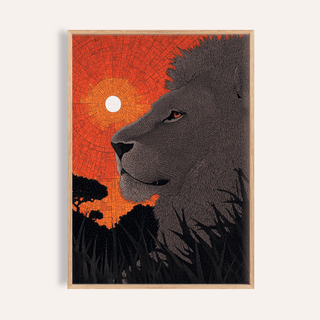 Framed African Landscape wall art with a lion face silhouette and orange sunset background