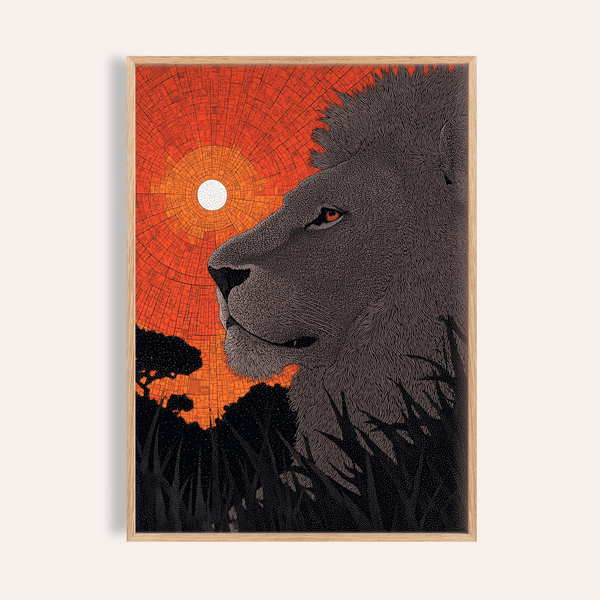 African Landscape Wall Art poster showing lion profile at sunset