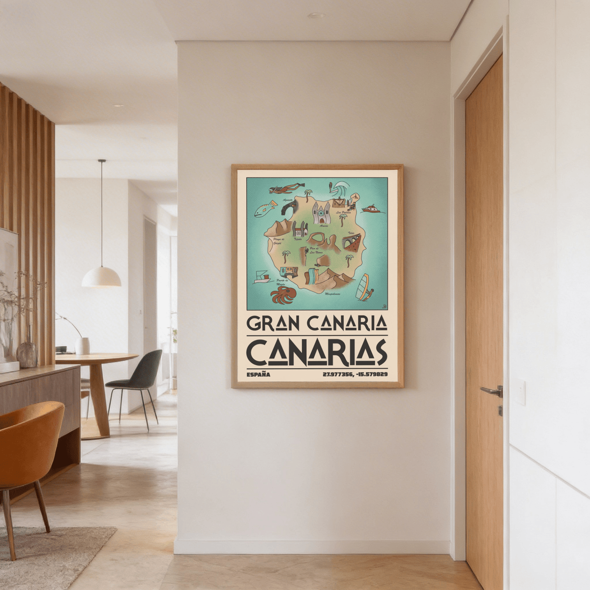 Central island silhouette wall art print with labeled areas, arches, and mountain shapes