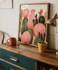 Pink Cactus Print wall art for bedroom in green and orange colors