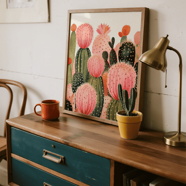 Pink Cactus Print wall art for bedroom in green and orange colors